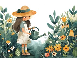 Young Girl Gardener Watering Flowers and Discovering the Wonders of Nature in Lush Green Garden