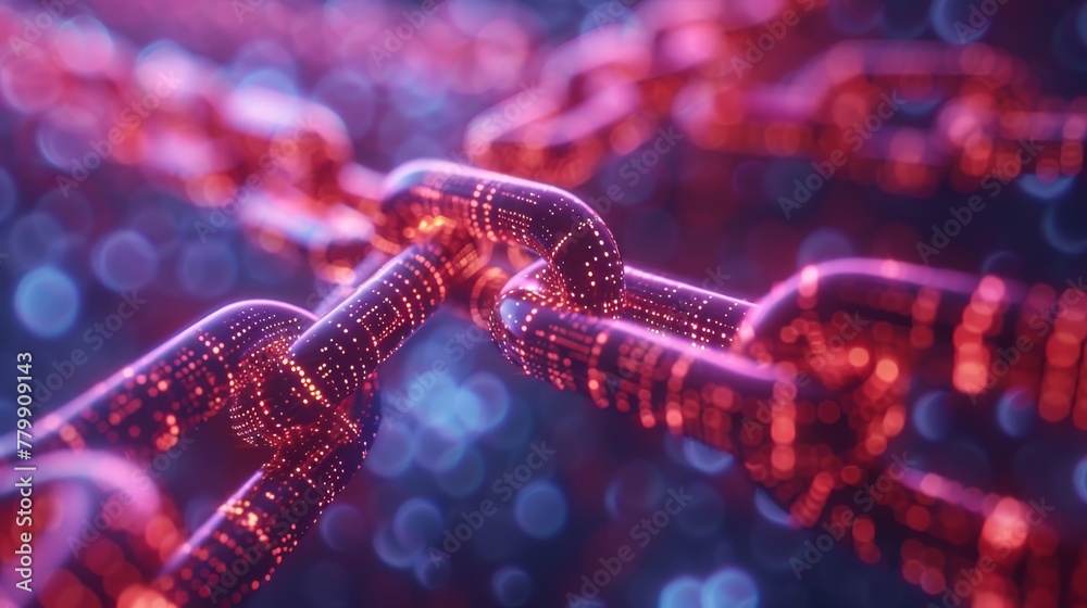 Poster a chain of red links is shown in a blurry, abstract style. the chain is made up of many small links,