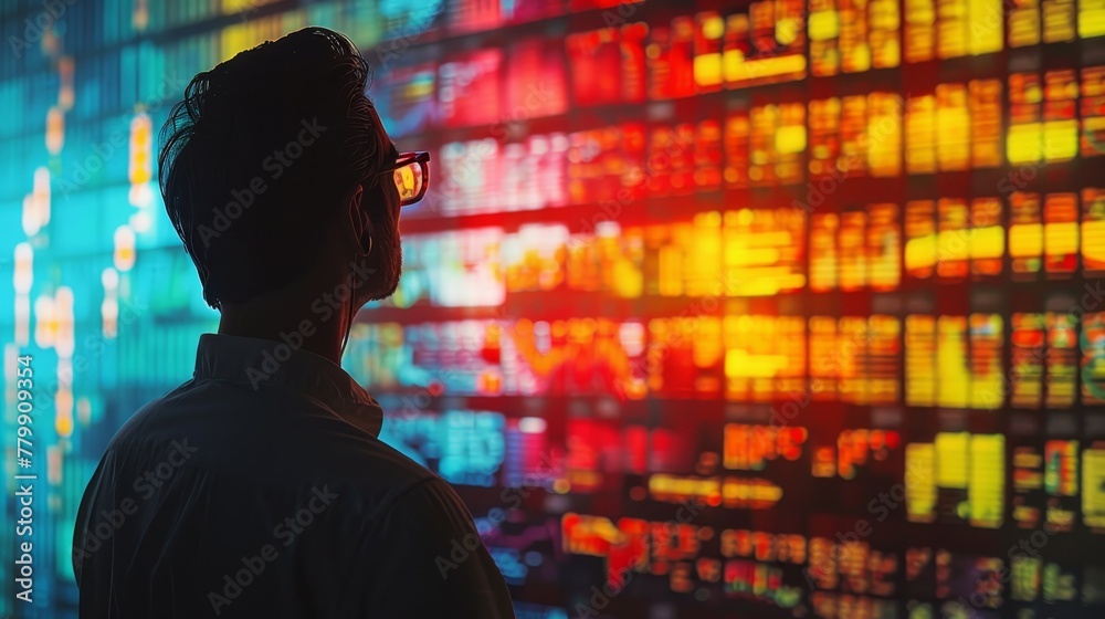 Poster a man is looking at a computer screen with many different colored lines and numbers. concept of focu