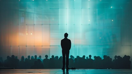 A man stands in front of a crowd of people, looking up at the sky. Concept of loneliness and isolation, as the man is the only one in the scene