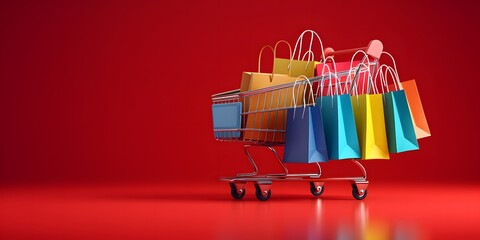shopping cart with many shopping bags, a banner for clearance sale and discount