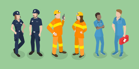 3D Isometric Flat Vector Illustration of Emergency Services, Paramedic, Firefighter and Policeman - 779909577