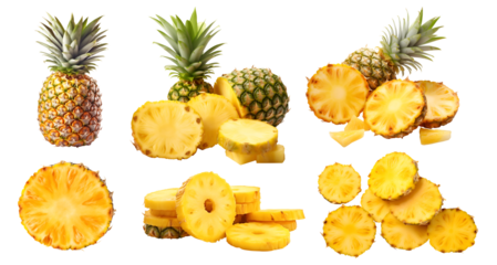 Pineapple pineapples fruit, many angles and view side top front sliced halved group pile cut isolated on transparent background cutout, PNG file. Mockup template for artwork graphic design	
