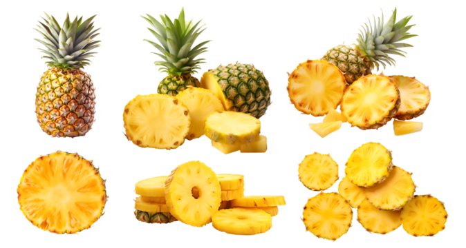 Pineapple pineapples fruit, many angles and view side top front sliced halved group pile cut isolated on transparent background cutout, PNG file. Mockup template for artwork graphic design	
