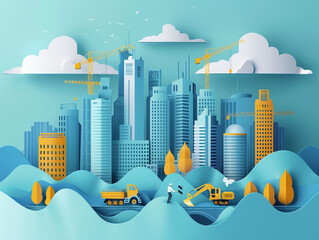 City development papercut illustration art style. Development is underway
