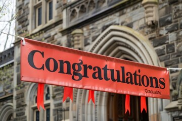 A university banner with the words "Congratulations Graduates" hanging in the background