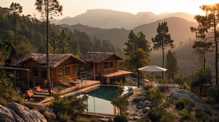 Fototapeta na wymiar A large house with a pool and a patio sits on a hillside overlooking a beautiful mountain range