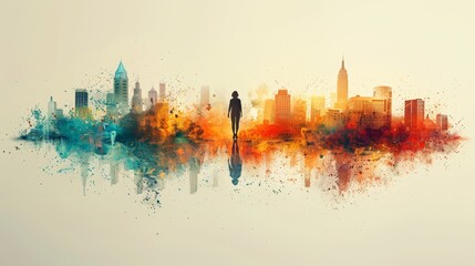 Silhouette of a woman standing on the background of the modern city