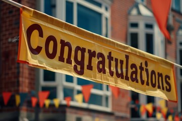 A university banner with the words "Congratulations Graduates" hanging in the background.