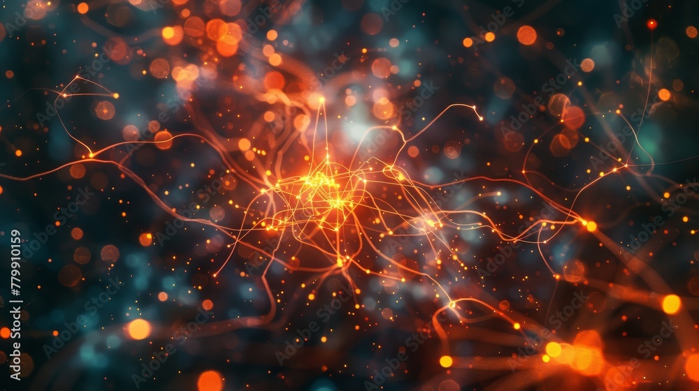 Poster a computer generated image of a network of orange and blue lines. the image has a futuristic and abs