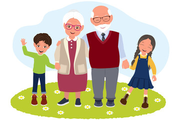 Flat Vector Illustration of Grandparents and Grandchildren, Happy Family - 779910197