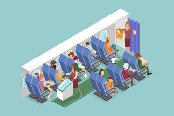 3D Isometric Flat Vector Illustration of Airplane Economy Class, Passenger and Personnel Inside Jet - 779910328