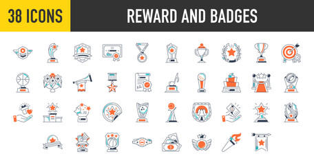 Reward and badge icons set. Such as award, number, trophy cup, winner medal, coupon, gift, archery, music, champion, belt, bowling, ribbon, diploma, badminton, star vector icon illustration.