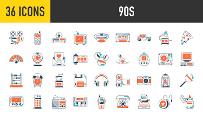 Retro 90s vector icons. Such as pizza, television, car, tv, telephone, headphone, alarm, radio, microphone, camera, cellphone and more icon illustration.
