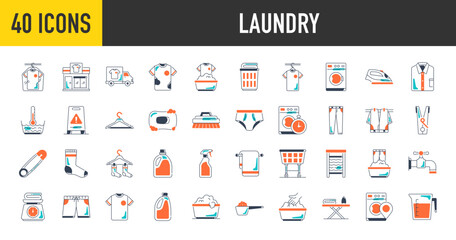 Fototapeta na wymiar Laundry icons set. Such as dry cleaning, detergent, basket, service, washing machine, trolley, weighing scale, dryer, rowel, tshirt, brush, dress, iron, powder vector icon.