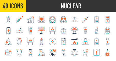 Fototapeta na wymiar Nuclear and energy icon set. Such as tower, gas mask, suitcase, pipeline, tank, hazmat, fuel, danger, missile, formula, dosimeter, explosio, generator electricity weapon vector icons illustration.