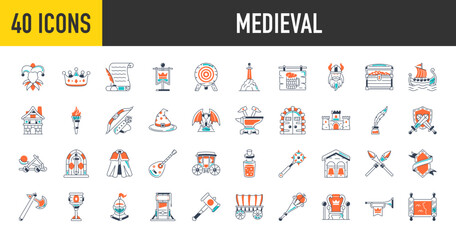 Medieval icons set. Such as knight, castle, crown, jester, manuscript, flag, tavern, treasure chest,  anvil, ship, carriage, armour, axe, bell, bow, arrow, sword, goblet vector icon.