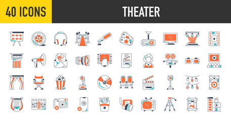 Theater icons set. Such as icon as cinema, film, movie, tv, video, camera, cd, music player, tickets, television, 3d goggles vector icon illustration. 