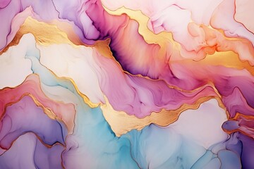 Colorful abstract marble background, alcohol ink art liquid fluid marbled luxury texture. Pink blue white purple gold mixture of colors and gold lines. Waves and swirls.
