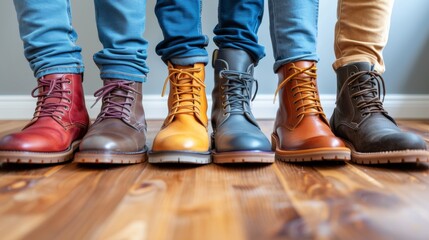 A group of people wearing different colored boots standing on a hardwood floor, AI