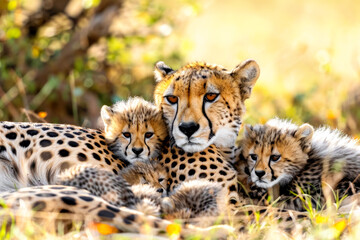 Portrait of a female cheetah lying with her cubs in the savannah.