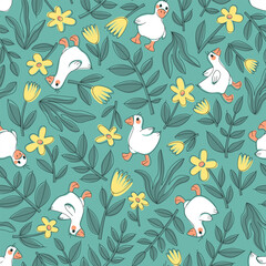 Seamless pattern for baby fabrics with cute goslings, beautiful flowers and leaves. White goslings on a flowery green field. Pattern for newborns. Flat vector illustration