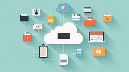 Flat design vector of a cloud workflow network with various business and computing icons.