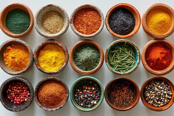 Playful arrangement of various colorful spices in small bowls, emphasizing the joy of cooking, Spices aligned on a textured backdrop, light creating patterns over the collection of condiments,
