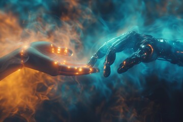 Human fingers illuminated, reaching towards robotic hand aglow, a dance of organic and synthetic in blue haze. Lit human digits extend to meet glowing mechanical hand, interplay of natural - obrazy, fototapety, plakaty