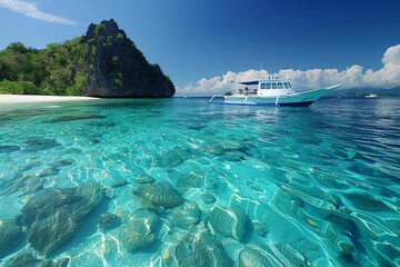 Fototapeta premium Crystal waters reveal coral gardens beneath, with a boat docked by a verdant cliff island under azure skies. while a marine vessel rests near a lush mountainous isle on a clear day.