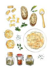 Spaghetti. Pasta painted watercolor on a white background. Colorful sketch of food. Italian food.	 - 779911713