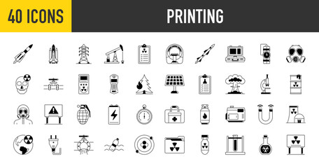Printing icon set. Such as printer, offset, pos, 3d, box, paper size, sign, cartridges, phone case, pillow, pet feeder, pen tool, newspaper, artboard, bag, billboard, machine vector icons illustration - obrazy, fototapety, plakaty