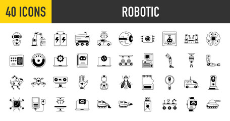 Robotic icons set. Such as machine, delivery, bot, battery,  learning, brain, ai, head, technology, welder, surgery robot, chatbot, drone, 3d printer, driller, leg, memory vector icon illustration