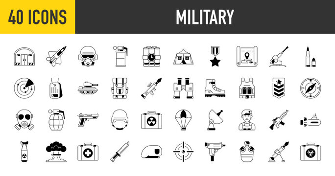 war, military, army icons set. Such as equipment, bunker, rifle, helmet, artillery, explosion, tnt, tent, map, smoke grenade, fighter plane, backpack, bomb, bullet, vest vector icon illustration. 	