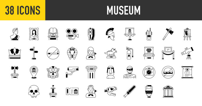 Museum vector icons. Such as tourist group, sculpture, art gallery, fossil, book, stand, audio guide,  barrier, ticket, abstract, diamond, dinosaur, mask, publication, sculpture, skull, sword icon.