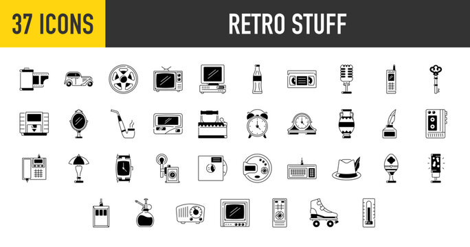 Retro stuff icons set. Such as camera roll, brick phone, lamp, smoking pipe, pc, car, soda bottle, microphone, pager, roller skate, faberge, ink, thermometer, alarm clock, cd vector illustration.