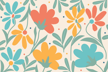 Abstract  floral background with flowers and leaves. Hand drawn modern art. Vintage organic hand drawn nature doodle graphic. Naive botanical simple graphic. Retro muted natural colors.