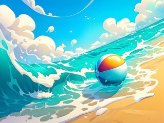 Colorful Beach Ball Floating Amidst Crashing Waves in Idyllic Tropical Seascape