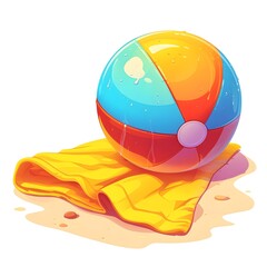 Colorful Inflatable Beach Ball Bouncing on Vibrant Beach Towel in Sunny Outdoor Setting - obrazy, fototapety, plakaty