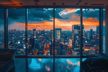 A room with a view of a city at night