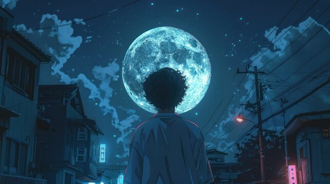 Man standing and looking at the full moon