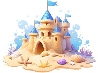 Fototapeta premium Enchanting Sandcastle Adorned with Seashell Flags in Idyllic Coastal Landscape