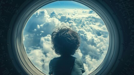Child looking into airplane window