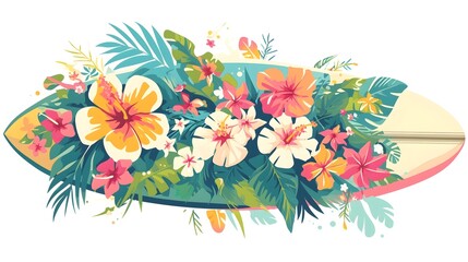 Tropical Surfboard with Vibrant Floral Decals and Lush Greenery - obrazy, fototapety, plakaty