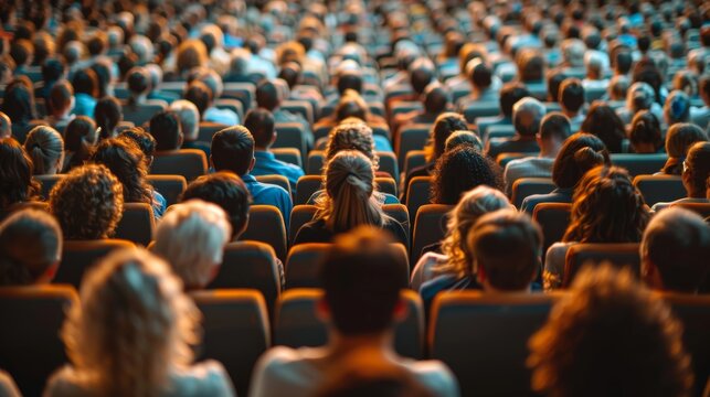 Crowd of diverse individuals seated in a large auditorium during a presentation on a warm afternoon in a bustling city - Powered by Adobe