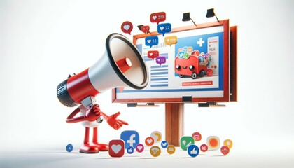 3D Render of Anthropomorphic Megaphone and Billboard Crafting Ad on White Background