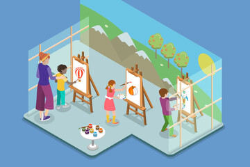 3D Isometric Flat Vector Illustration of Painting Courses In School, Art Creation Process - 779913388