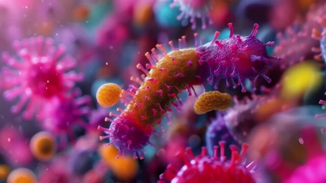 A colorful image of bacteria and viruses with a pink 4K motion