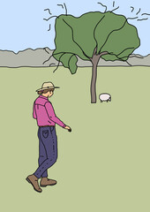 Farm girl wearing hat, pink shirt, jeans and boots walking alone across green paddock towards sheep