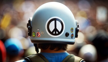 A close-up of a helmet with a peace sticker, worn at peaceful protests.